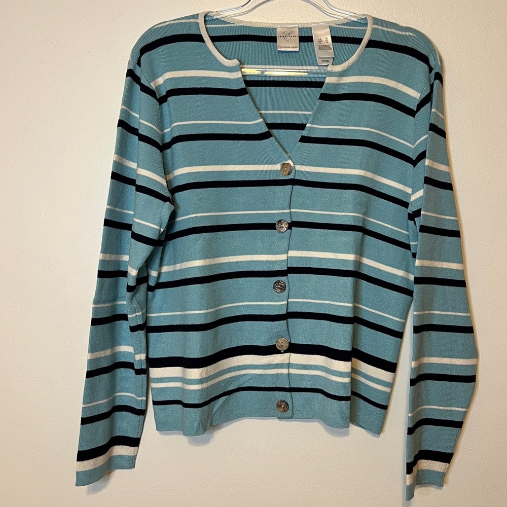 Vintage Liz Claiborne Cardigan Emma James Women’s XL Blue Striped Knit Button